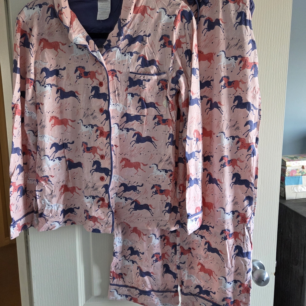 munki munki Kids Pajama Set with Horse Print in Pink and Blue